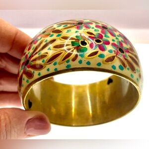 Vintage Retro Brass Wide Bangle Bracelet Gold Pink Blue Floral Design